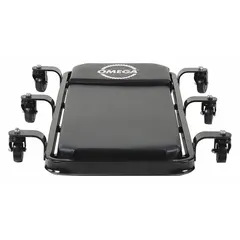 Steel-framed creeper with a 400 lb max load capacity and 4 in height range. Dimensions are 26 in x 4 in. Features a padded headrest for comfort. Suitable for maintenance tasks under vehicles and machinery in heavy-duty shop environments.