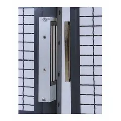 Powder-coated steel electro-magnetic lock in gray, bolt-on design with mounting hardware. Used to secure wire partition doors in industrial enclosures and machine guarding systems.