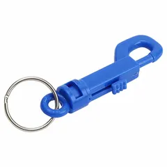 This plastic key clip attaches keys to a belt loop or bag for organized access. It features a 7/8 in key ring diameter and smooth blue finish. Overall height is 3 1/2 in, width 7/8 in. Suitable for industrial, commercial, or personal use where quick key retrieval is needed.
