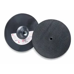 This 3M backing pad has a 5-inch diameter and 1/8-inch thickness, featuring a 5/8"-11 internal-thread tool connection. It is a non-vacuum type designed for use with hook-and-loop surface-conditioning discs. Typical applications include grinding, blending, and finishing on metal, wood, and composites in industrial fabrication and maintenance.