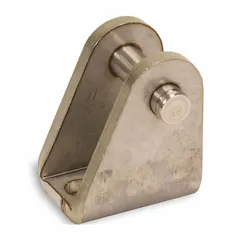 Steel clevis mounting hardware for pneumatic actuators. Fits cylinders with 12 mm to 16 mm bore diameter. Overall length 25 mm. Used to attach cylinder rod to a load or structure, providing a pivot point for linear motion.
