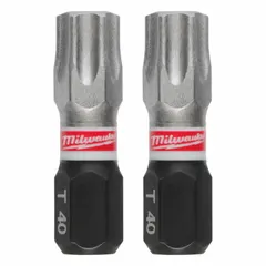 This MILWAUKEE impact Torx bit features a T40 size with a Torx head drive and hex shank, made from S2 steel. It is designed for standard-duty fastening with impact drivers and power tools, suitable for driving Torx head fasteners in construction, assembly, and maintenance tasks.