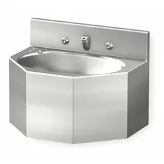 This wall-mounted one-bowl institutional bathroom sink is constructed of stainless steel with a silver finish. It features an oval bowl measuring 14-3/4 inches in length and 5 inches in depth, and is equipped with a dual metering handle faucet. The sink is not ADA compliant. Suitable for commercial or public restroom applications where durability and water conservation are required.