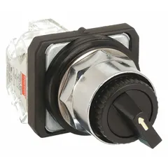 This 2-position selector switch features a maintained/maintained action with a long-handled knob and metallic bezel. The switch is non-illuminated with a plastic operator head and provides 1NO/1NC contact configuration using Cam E. Rated for 10 A at 600 V AC and 0.55 A at 125 V DC, it is suitable for panel-mount control applications in industrial machinery and process systems.