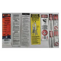 Replacement label kit for Louisville Ladder equipment. Contains safety and identification labels for models AM1008 and compatible with item numbers 33J714, 33J715, 33J773, 36Y359, 36Y360, 36Y361, 36Y362, 36Y363, 36Y364, 36Y365. Used to restore legible warnings and compliance markings on ladders.