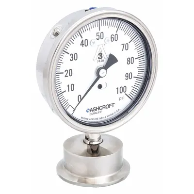 ASHCROFT Pressure Gauge: 0 psi to 100 psi, 3 1/2 in Dial, 2 in Tri-Clamp, Bottom - Dial 3-A Certified Sanitary Pressure Gauges