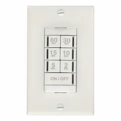 Digital pre-set countdown timer with SPST-NO switch, rated 120/277V AC. Timing range from 2 minutes minimum to 1 hour maximum. Includes wall plate for installation. Used for automatic shut-off of lighting or exhaust fans in residential or commercial spaces.