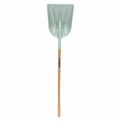 Standard scoop shovel with a #12 plastic blade, 19 in length and 14 1/4 in width, natural finish. Fitted with a wood handle. Suitable for moving bulk materials such as grain, feed, sand, or snow in light-duty agricultural, commercial, and industrial settings.