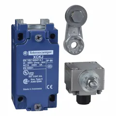 Roller lever-arm limit switch from the XCKJ series with a 60 mm mounting hole vertical center-to-center distance and a 90° operating angle. Equipped with screw clamp terminals for electrical connection. Used in industrial automation to detect the presence, position, or absence of moving parts, such as on conveyors, machine guards, and packaging equipment.
