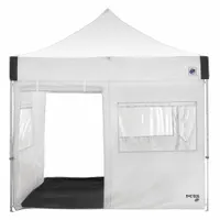 This pop-up temporary shelter is constructed of polyester and measures 10 ft wide by 10 ft deep with an overall height of 11 1/8 ft. It includes air filters and a storage bag. Designed for use as a portable medical tent in emergency response, field clinics, or triage situations