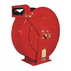 Nickel-plated steel dual-pedestal hose reel with red finish. Holds 75 ft of 3/4 in I.D. hose, rated for 500 psi maximum operating pressure. Suitable for air, water, or oil applications requiring automatic spring retraction.