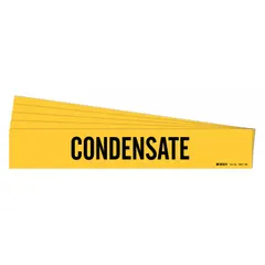 Yellow adhesive pipe marker with black 'Condensate' legend, designed for pipe outer diameters of 8 inches and larger. Each pack contains 5 markers without arrows. Used to identify condensate piping in industrial facilities.