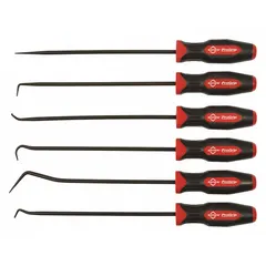 This hook and pick set includes four steel picks with angle, hook, multi-angle, and straight tips. The screwdriver-style handles provide a secure grip. Used for precision retrieval, alignment, and probing in tight spaces.