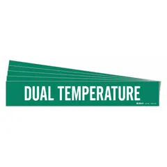 Green adhesive pipe marker with white legend text reading 'Dual Temperature'. Designed for pipes with an outer diameter of 8 inches and larger. Each pack contains 5 markers, each marker without arrows. Used to identify piping systems that carry both hot and cold media in industrial and facility applications.