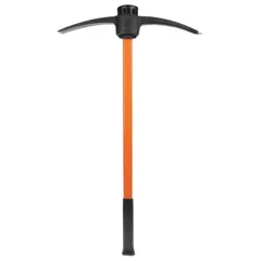 This pick mattock features a steel head and a fiberglass handle. The adze is 10-1/4 inches long and 1-1/4 inches wide, and the pick is 10-1/4 inches long. It is used for digging, prying, and breaking compacted soil or rock in construction and landscaping.