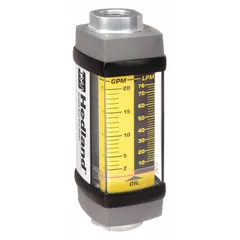 This HEDLAND flowmeter is an inline, variable-area, scale-type meter for petroleum fluids. It features SAE connections, Viton seals, and universal mounting orientation. Accuracy is ±2% of full scale, with flow indication in gallons. No pressure gauge or flow adjustment knob is included.