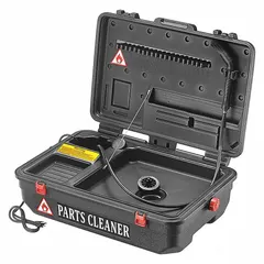 This manual benchtop parts washer features a plastic tank with a 5-gallon fluid capacity for water-based solutions. Operates on 120V and is suited for light-duty cleaning of components in maintenance and repair settings.
