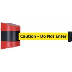 Wall-mount retractable belt barrier with a 15 ft yellow belt featuring black caution messaging. Red frame. Used for pedestrian guidance, area delineation, and access control in industrial and public environments.