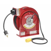 This reverse feed self-retracting cord reel from REELCRAFT features a 35 ft length of 16 AWG SJTOW cable with a NEMA 5-15P retractable cord ending and a NEMA 5-15R feeder cord ending. The ratchet lock mechanism allows the cord to be locked at a desired length, and the self-retracting design ensures tangle-free storage. Suitable for use in workshops, garages, and industrial settings for powering tools and equipment
