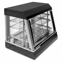 Heated display case with three adjustable shelves for holding prepared foods at serving temperature. Suitable for cafeterias, buffets, and convenience stores. Operates on 120V AC, 1440W. Black finish