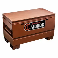 Chest-style jobsite storage box with 8.9 cu ft capacity. Measures 19 1/2 in wide by 36 in deep by 22 in high. Features a padlock hasp (lock not included) and a brown finish. Suitable for securing tools and equipment on construction sites, workshops, and industrial facilities.