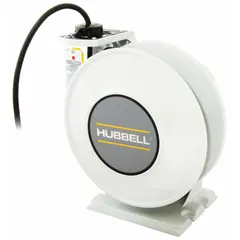 Hardwired self-retracting cord reel with ratchet lock mechanism. Cord is 45 ft of 12 AWG SJO white cord terminating in bare wire for direct connection to equipment or junction boxes. Designed for industrial environments requiring a retractable power solution to reduce trip hazards and cord wear.