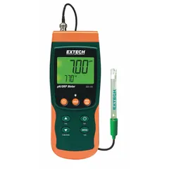 The EXTECH SDL100 is a handheld multiparameter meter configured for pH and temperature measurement. It includes a mini pH electrode, temperature probe, sample buffers, and a carrying case. Suitable for field or laboratory use where basic pH and temperature testing is required.