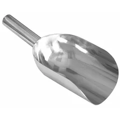 This stainless steel hygienic hand scoop is designed for sanitary material handling in controlled environments. It features a silver finish, 5-inch handle length, 12 3/4-inch overall length, and 5-inch overall width. The non-magnetic, non-sparking construction makes it suitable for applications where contamination prevention is critical, such as food processing and pharmaceutical settings.