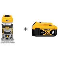 This DEWALT cordless router features a brushless motor and fixed base, delivering 1.25 hp at 25,500 RPM. It includes one 4.0 Ah battery and has a 4-7/8 in base diameter. Suitable for edge profiling, trimming, and routing grooves in woodworking applications.