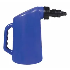 This battery filler is made of blue polyethylene and measures 8 1/2 inches in height and 4 3/4 inches in width. It features a shutoff nozzle that automatically stops flow when the battery cell reaches the correct fluid level, preventing overfilling. Used for adding distilled water to lead-acid batteries in vehicle maintenance.