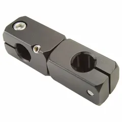 Aluminum adjustable connector, 87.5 mm long x 25 mm wide x 25 mm high, for use with flange bolt base. Used as a mounting component for sensors and conveyor rails in industrial automation and material handling systems.