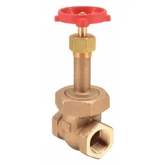 Bronze rising stem gate valve with 1-inch FNPT x FNPT connections, bronze wedge and bonnet, and wheel operator. Rated for 1000 psi CWP. Suitable for on/off flow control in water, oil, and gas lines in moderate-pressure plumbing and industrial systems.
