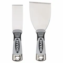 This standard scraper set includes a stainless steel blade with a stiff flex and straight blade shape, paired with a plastic/steel handle. The handle features a hammer end for added utility. Suitable for general scraping tasks such as removing paint, adhesive, and putty from surfaces.
