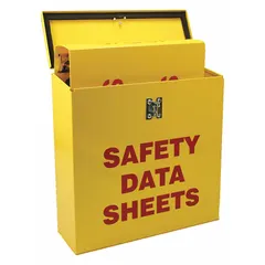 Wall-mount steel cabinet for displaying safety notices and compliance information. Overall width 13 1/2 in, depth 4 1/4 in. English text. Mounting hardware not included. Suitable for industrial facilities requiring durable signage.