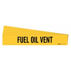 Yellow adhesive pipe marker with black legend reading 'Fuel Oil Vent' for identifying fuel oil vent lines. Fits pipe outer diameters from 2-1/2 to 7-7/8 inches. Supplied in a pack of 5 markers without directional arrows.