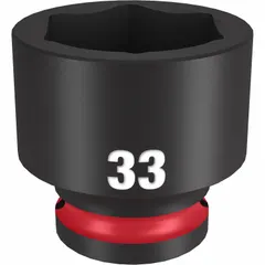 This 1/2" drive impact socket is designed for use with impact wrenches on metric 33 mm fasteners. The 6-point configuration provides secure engagement on hex nuts and bolts. Suitable for heavy-duty fastening tasks in automotive, construction, and industrial maintenance applications.