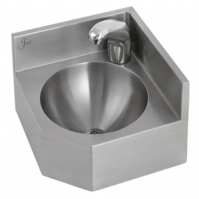 JUST MANUFACTURING Corner Bathroom Sink: Lavatory Group, Silver, Stainless Steel, Sensor - One-Station Wall-Mounted Bathroom Sinks with Faucets