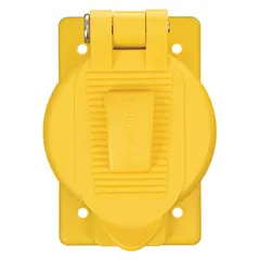 This polycarbonate weatherproof cover is designed for duplex receptacles in outdoor or damp locations. It is configured for vertical mounting and fits 1-gang boxes. The yellow cover provides protection against moisture and debris for electrical outlets.