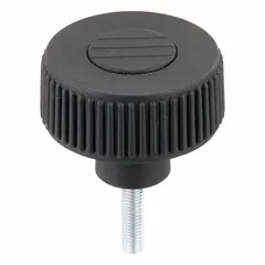 Knurled knob with threaded stud for manual adjustment, clamping, or positioning of machinery components. Features a 40 mm diameter, M5 thread, and 10 mm thread length. Constructed of gray plastic with a steel threaded stud. Suitable for jigs, fixtures, and assembly equipment.