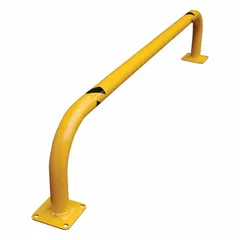 Steel guardrail with yellow finish, floor-mounted, top rail height 9 3/8 in, mounting hole diameter 1/2 in. Mid-rail and mounting hardware not included. Used to protect racking, machinery, and columns from impact in industrial settings.