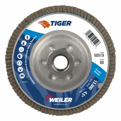 WEILER Flap Disc: Type 29, 4-1/2" x 5/8"-11, Zirconia Alumina, 60 Grit, Aluminum Bk - High-Performance Flap Discs for Carbon & Stainless Steel