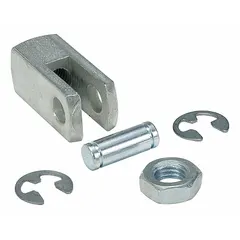 Steel piston rod clevis for connecting a pneumatic or hydraulic cylinder rod to a mating machine component. Fits cylinder bore diameters from 1 1/4 in to 1 1/2 in. Overall length of 1 11/16 in. Provides a pivoting mechanical link in industrial automation, material handling, and mobile equipment applications.