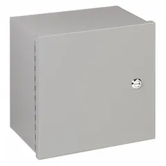 Painted steel NEMA 1 enclosure for indoor use, measuring 8 x 8 x 4 inches. Features a hinged solid cover secured by a 1/4-turn latch. No knockouts included. Suitable for housing electrical components and wiring in dry indoor environments.