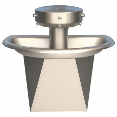 BRADLEY Wash Fountain: Silver, Stainless Steel, Semi-Circular, 36 in Overall Wd - Hand-Operated Push Button Wash Fountains