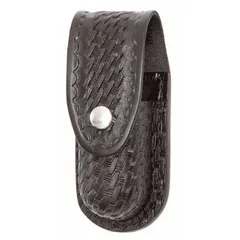 Basket weave leather holster designed to carry pepper spray. Features a snap closure and black finish. Suitable for law enforcement, security, and personal defense use.