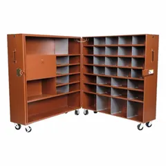 This clamshell jobsite cabinet provides 67.7 cu ft of storage capacity with dimensions of 30 in width, 62 in depth, and 63 1/2 in height. It features a rust-resistant finish and includes a padlock hasp for securing tools and equipment on construction sites.