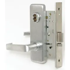 Storeroom lever lockset with satin chromium-plated stainless steel finish and 40H escutcheon style. Features interchangeable core for quick rekeying. ADA compliant for accessibility. Suitable for interior doors requiring restricted access, such as in commercial buildings.