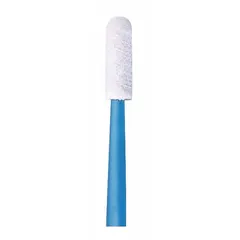 This cleanroom swab features a rectangular foam tip (13/32 in long, 1/8 in wide) and a white foam handle (2 3/8 in long), with an overall length of 2 3/4 in. The solvent-resistant foam construction and static-sensitive design make it suitable for precision cleaning of electronics, optics, and other delicate components in controlled environments. Supplied in packs of 500.