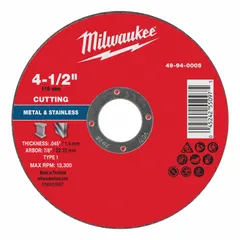 General purpose cut-off wheel for carbon and stainless steel. Type 1 design, 4-1/2" diameter, 0.045" thickness, 7/8" arbor. Aluminum oxide abrasive, 46 grit. Suitable for cutting, slotting, and notching in metal fabrication and maintenance applications.