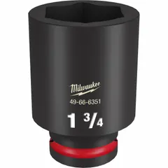 This 3/4" drive impact socket features a 1-3/4" SAE hex size with a 6-point deep profile and friction-ring retention. Designed for use with impact tools in heavy-duty fastening and loosening applications. Black phosphate finish provides corrosion resistance.